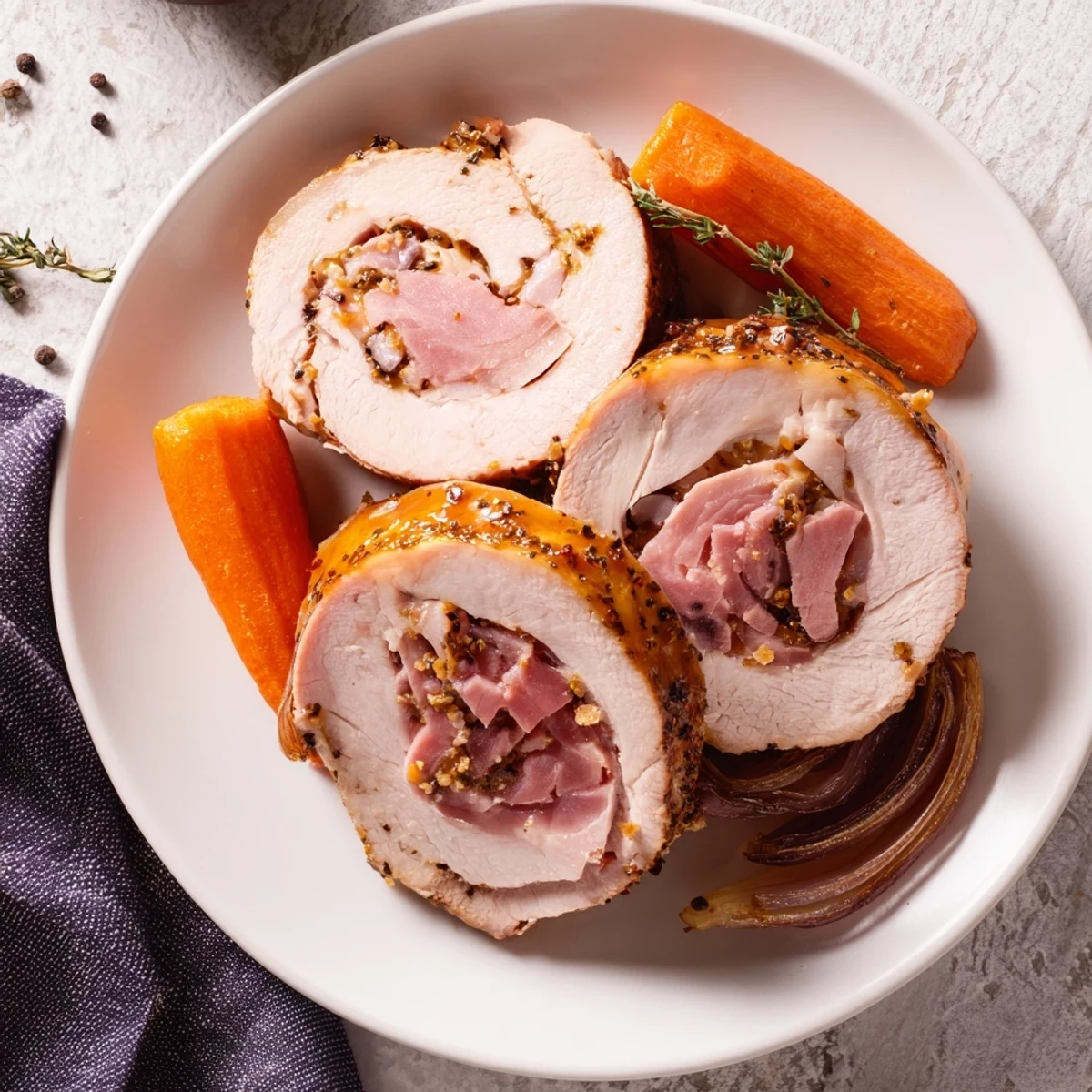 Golden-brown Easter Turkey Ham Roast sliced on a platter, glistening with honey-herb glaze and paired with roasted carrots.