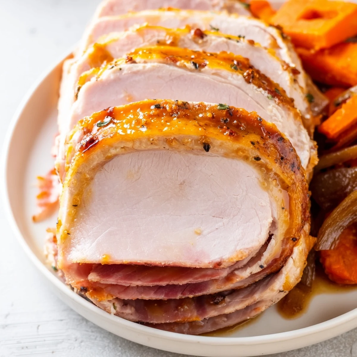 Moist slices of Easter Turkey Ham Roast, with smoky ham and tender turkey, served beside glazed spring vegetables.
