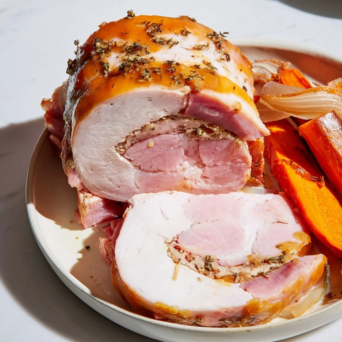 Succulent Easter Turkey Ham Roast on a rustic platter, drizzled with honey-Dijon glaze and surrounded by caramelized carrots.