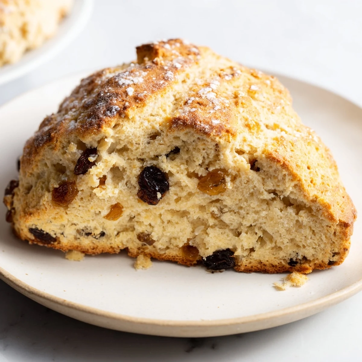 Freshly baked Irish Soda Bread Scones with golden crusts sit on a wooden board beside jam.