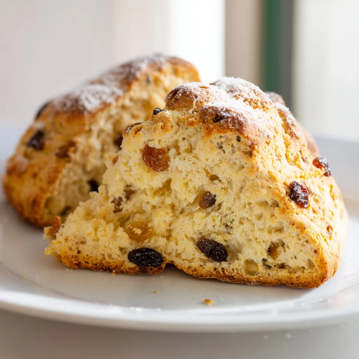 A close-up shows the tender, raisin-studded interior and coarse sugar topping of these scones.