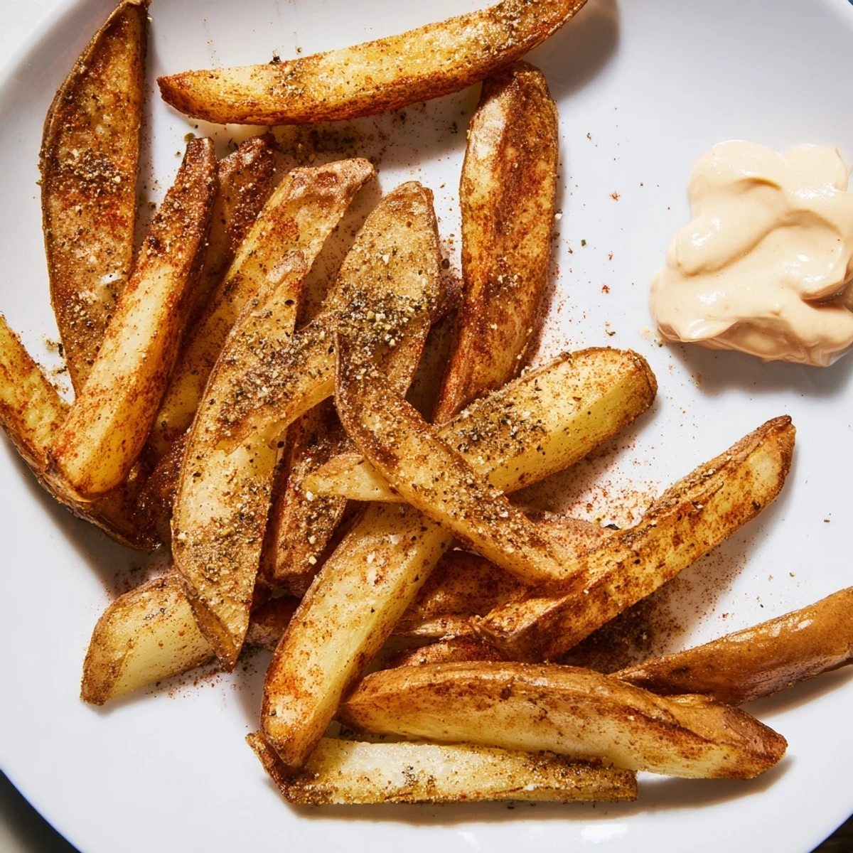 Golden, oven-baked Cajun Spiced Fries with Spicy Mayo dip, showing crispy edges and a creamy condiment.