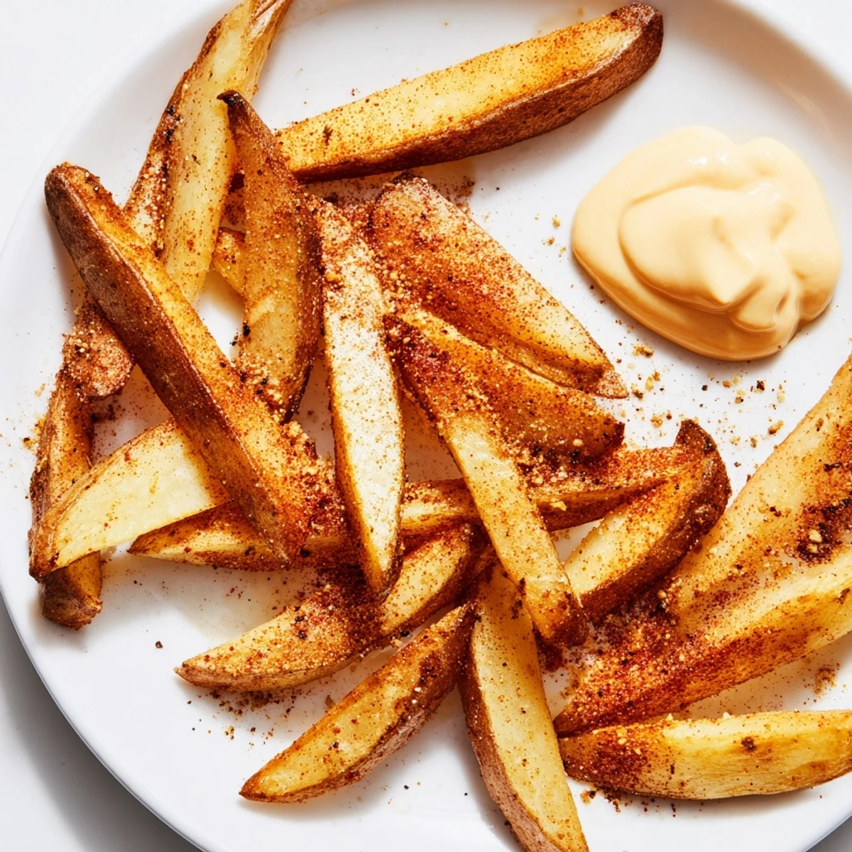 A serving of Cajun Spiced Fries with Spicy Mayo on a plate, garnished with fresh parsley for color.
