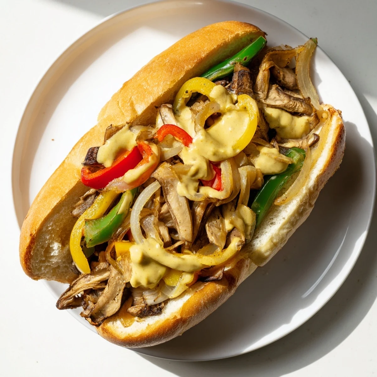 A close-up of a freshly made Vegan Philly Cheesesteaks sandwich with colorful sautéed vegetables and rich plant-based cheese sauce.