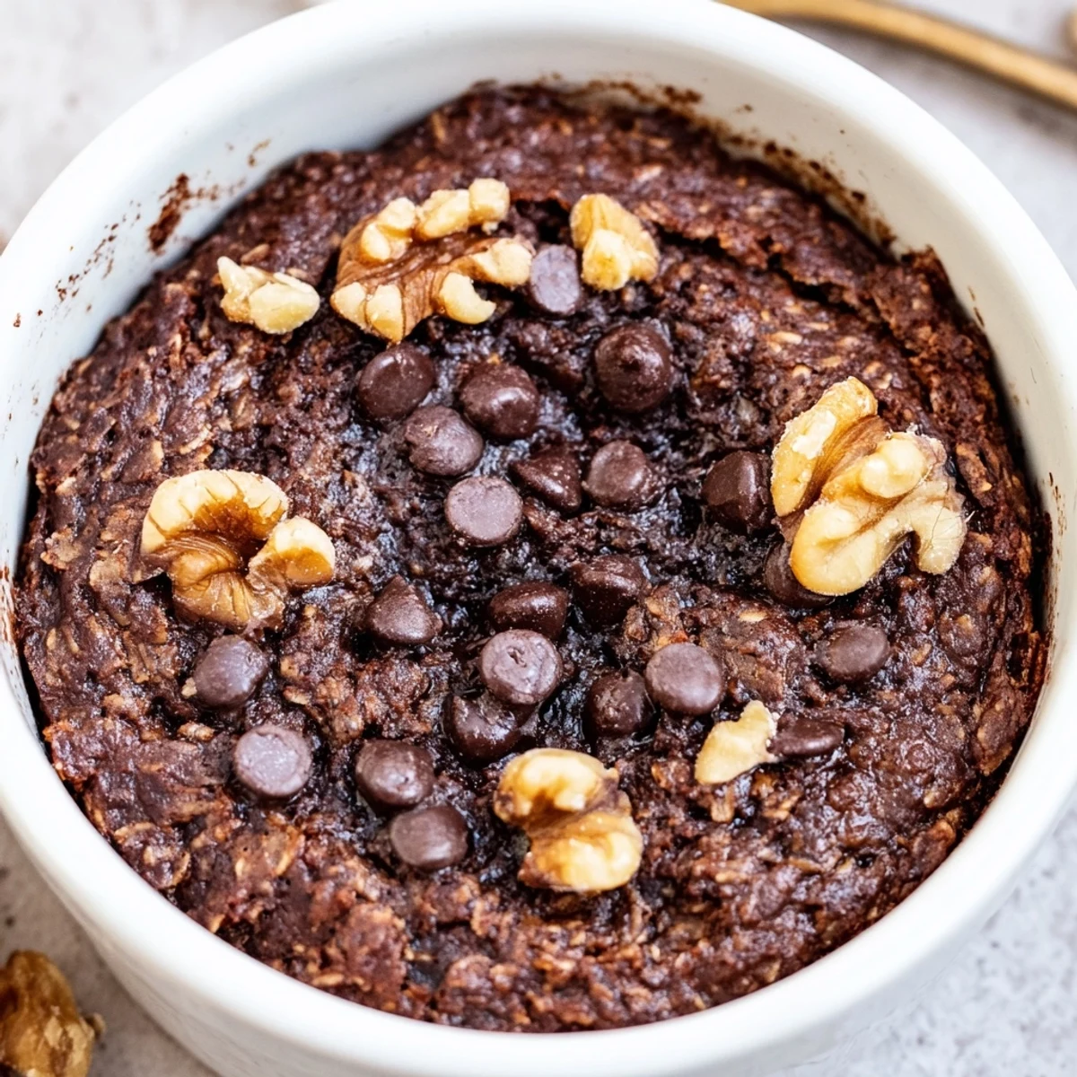 Golden-brown Easy Chocolate Baked Oats served warm with a dollop of yogurt on the side.