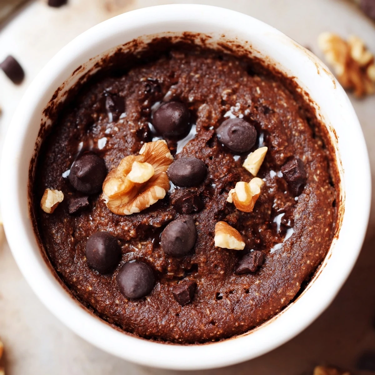 A close-up of Easy Chocolate Baked Oats with melted chocolate chips on top in a white ramekin.