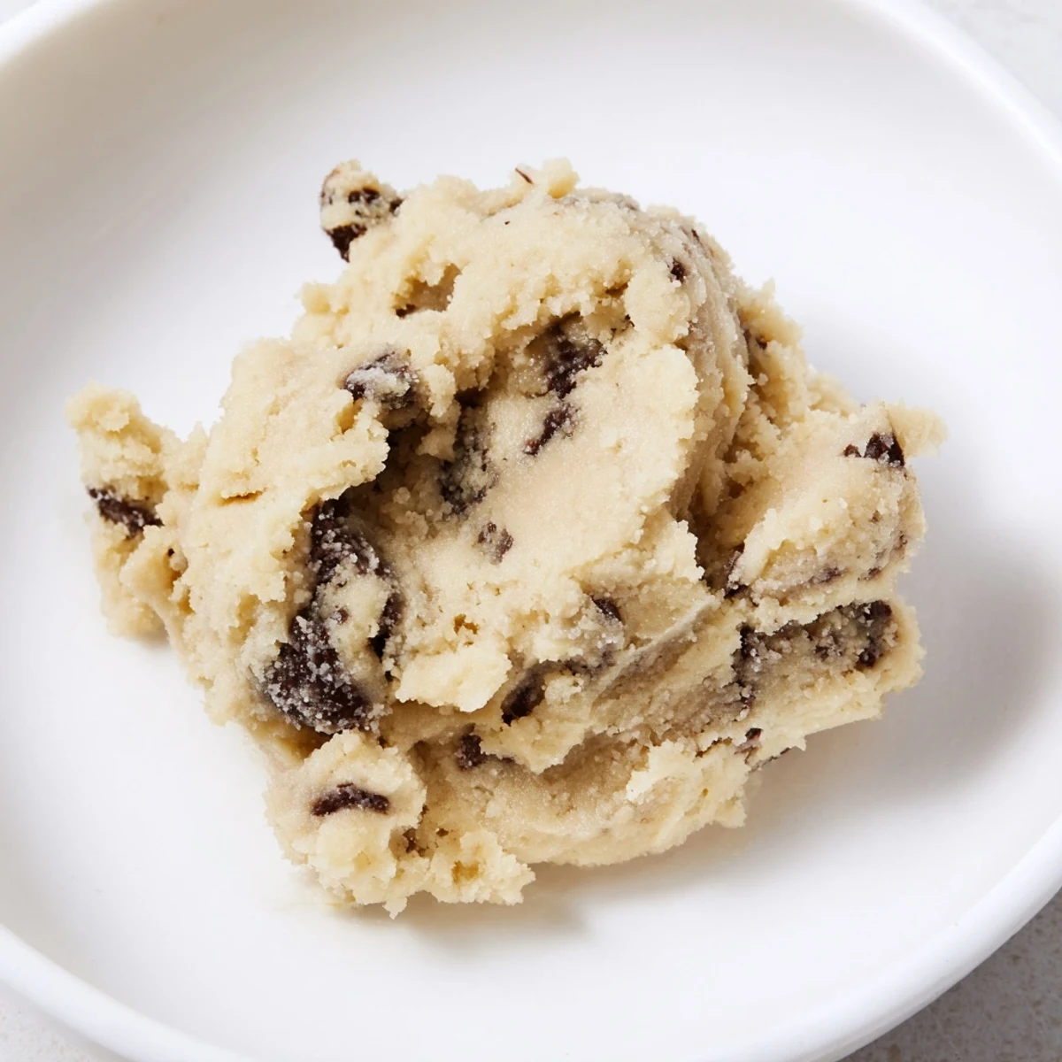 A bowl of Edible Keto Cookie Dough with sugar-free chocolate chips and creamy texture.
