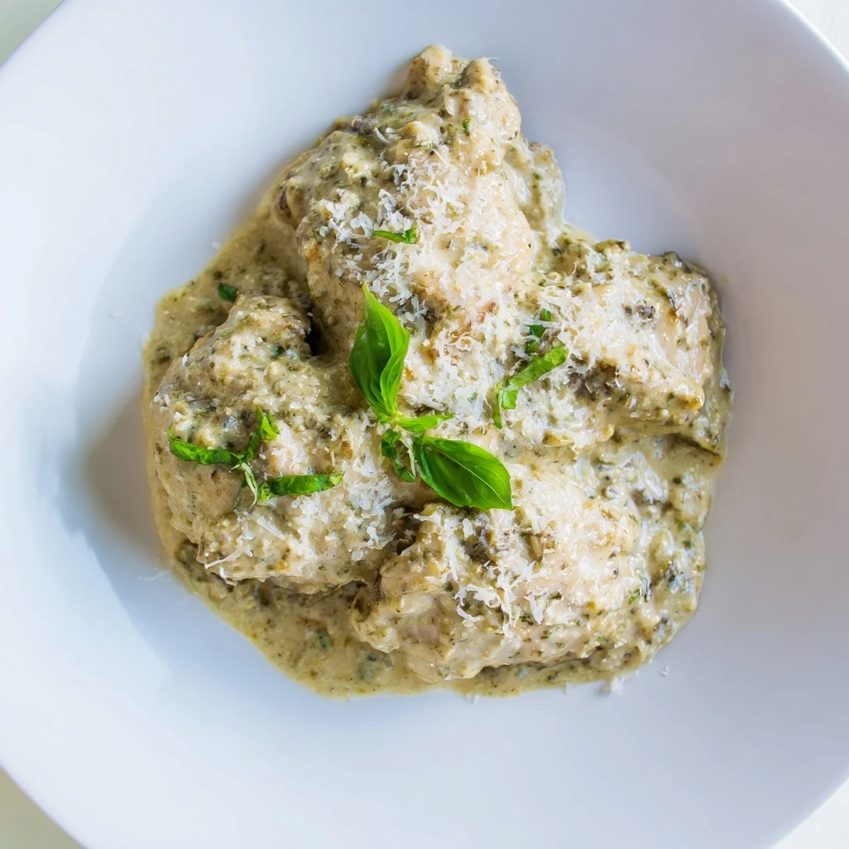 Golden-brown Pesto Ranch Crock Pot Chicken Thighs in a creamy green sauce, served over fluffy white rice.
