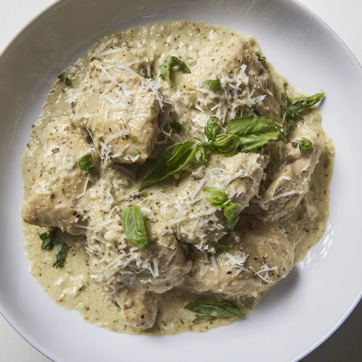 Tender Pesto Ranch Crock Pot Chicken Thighs slow-cooked with herbs, garnished with fresh basil and grated Parmesan.