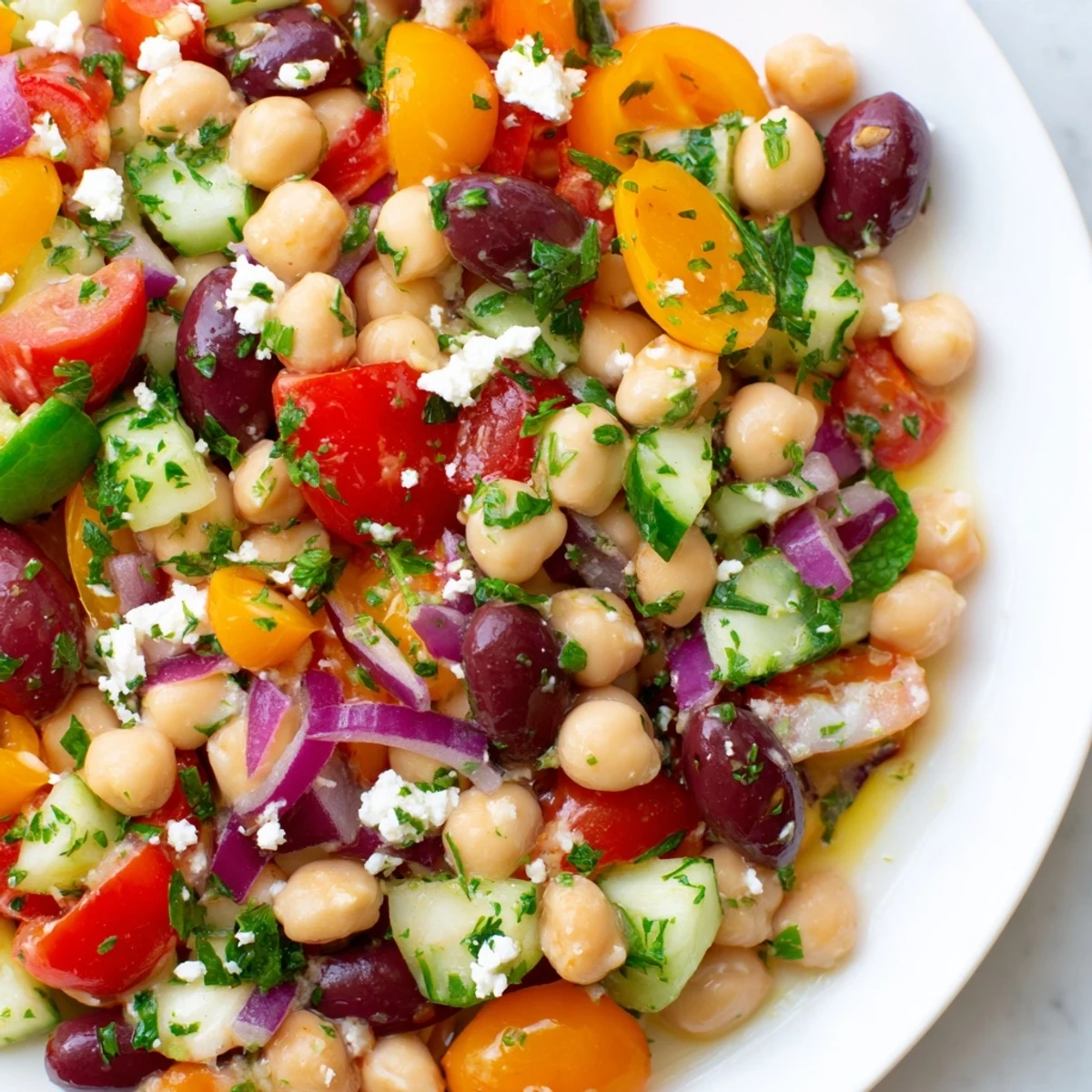 Freshly tossed Mediterranean Dense Bean Salad featuring kidney beans, tomatoes, and a zesty lemon dressing.