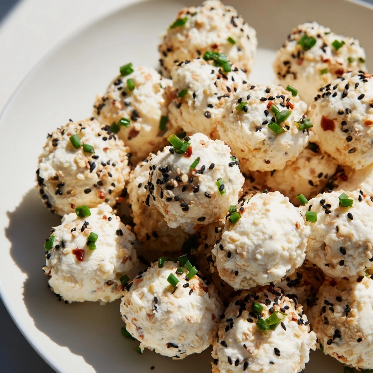 Golden-brown Everything Bagel Cottage Cheese Bites arranged on a white ceramic platter, garnished with fresh chives.
