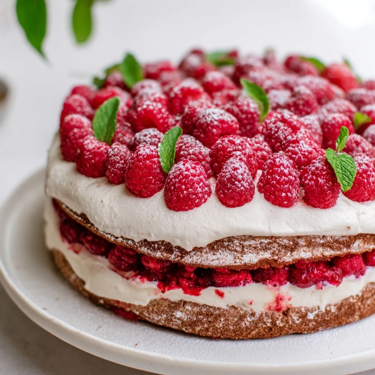 A close-up of Fresh Raspberry Tiramisu layered with coffee-soaked ladyfingers and vibrant berries.