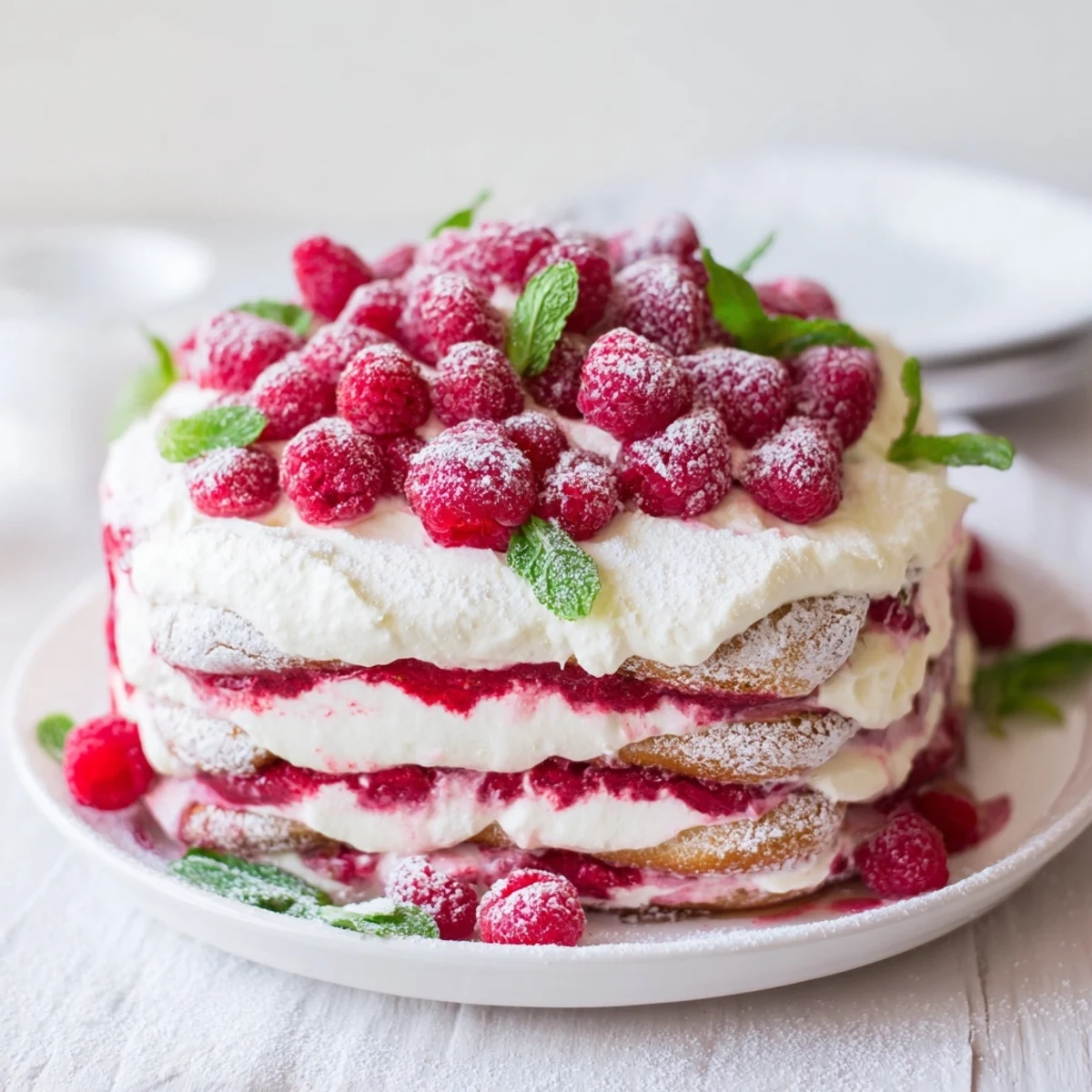 Fresh Raspberry Tiramisu dessert served in a square dish, topped with fresh raspberries and mint.