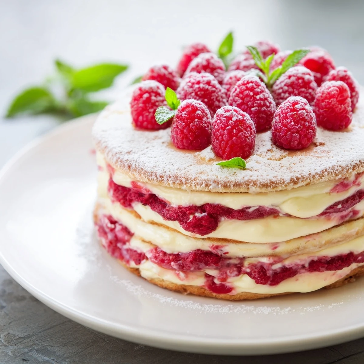 Fresh Raspberry Tiramisu showing creamy mascarpone layers and a dusting of powdered sugar garnish.