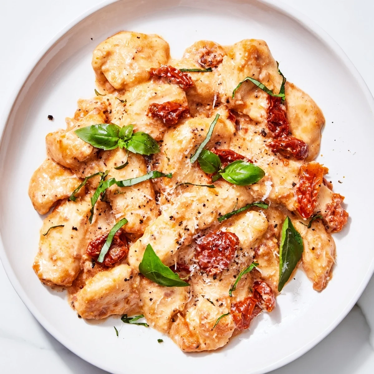 Golden-brown, tender Marry Me Slow Cooker Chicken Breast bathed in creamy sun-dried tomato sauce and topped with melted Parmesan and fresh basil garnish.