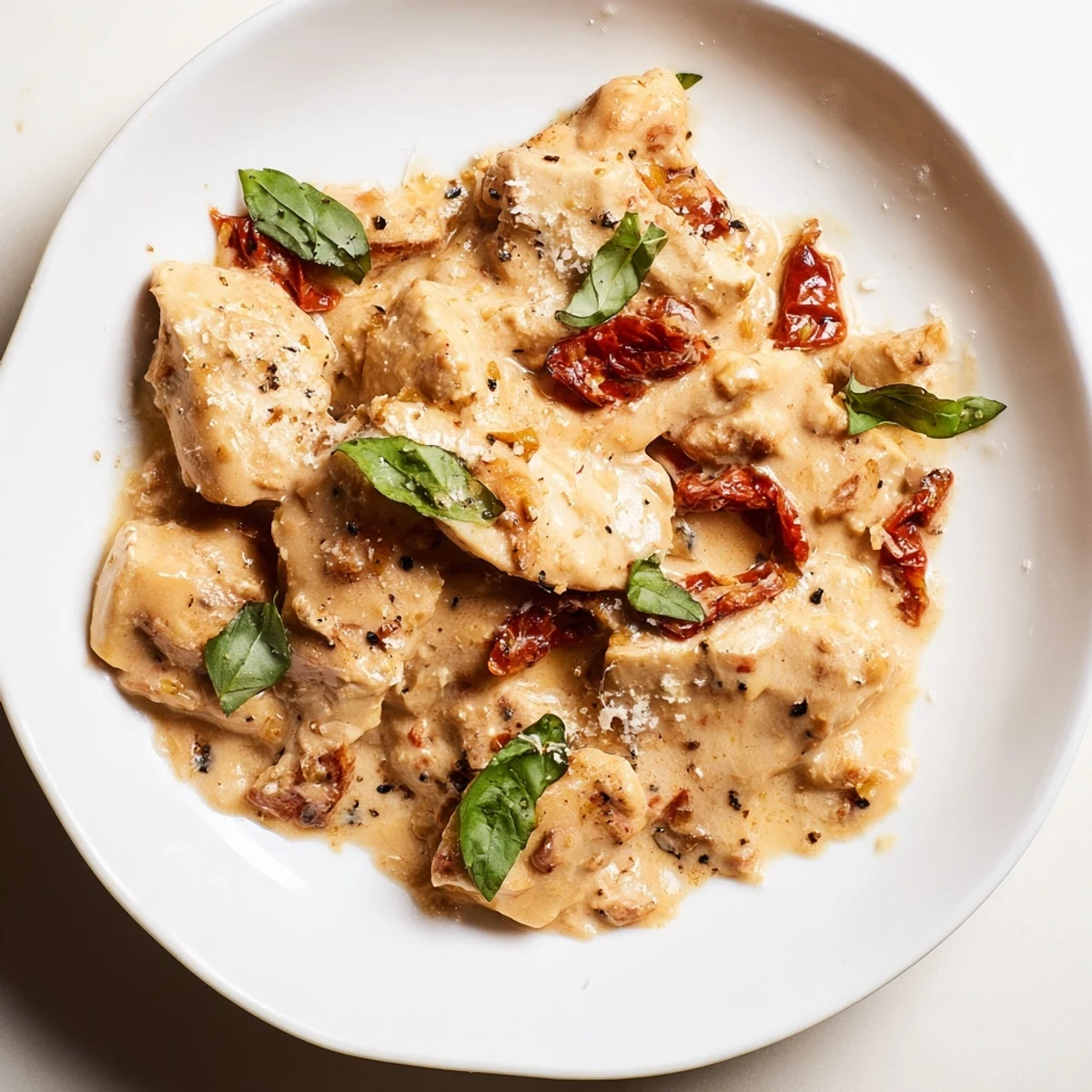 A serving of Marry Me Slow Cooker Chicken Breast plated with creamy sauce, perfect paired with steamed green beans and crusty bread for dinner.