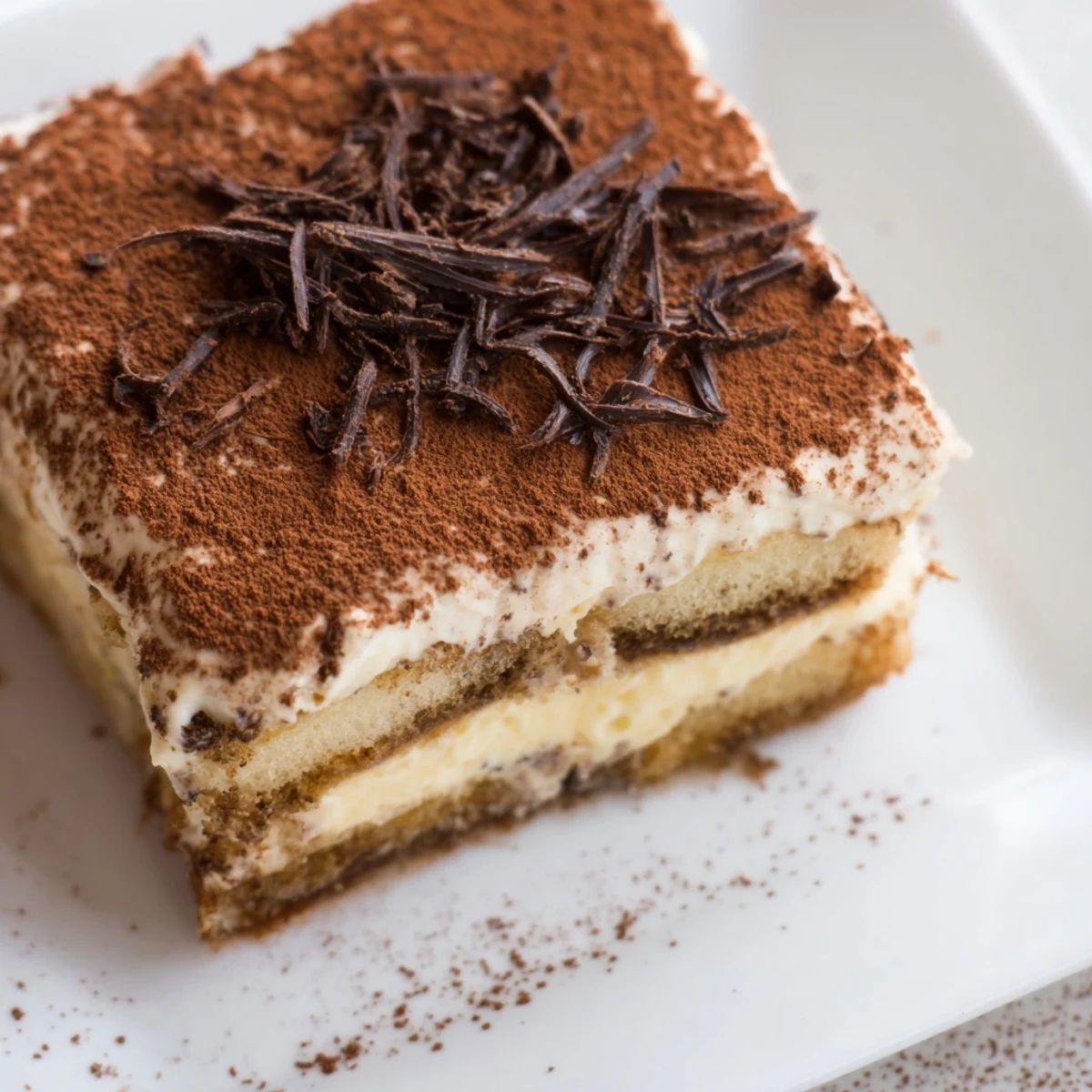 Creamy Easy Tiramisu layered with coffee-soaked ladyfingers and dusted with cocoa powder.