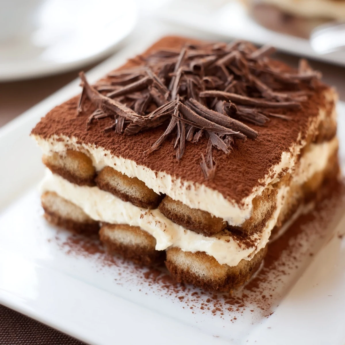 A slice of Easy Tiramisu topped with chocolate shavings on a marble counter.
