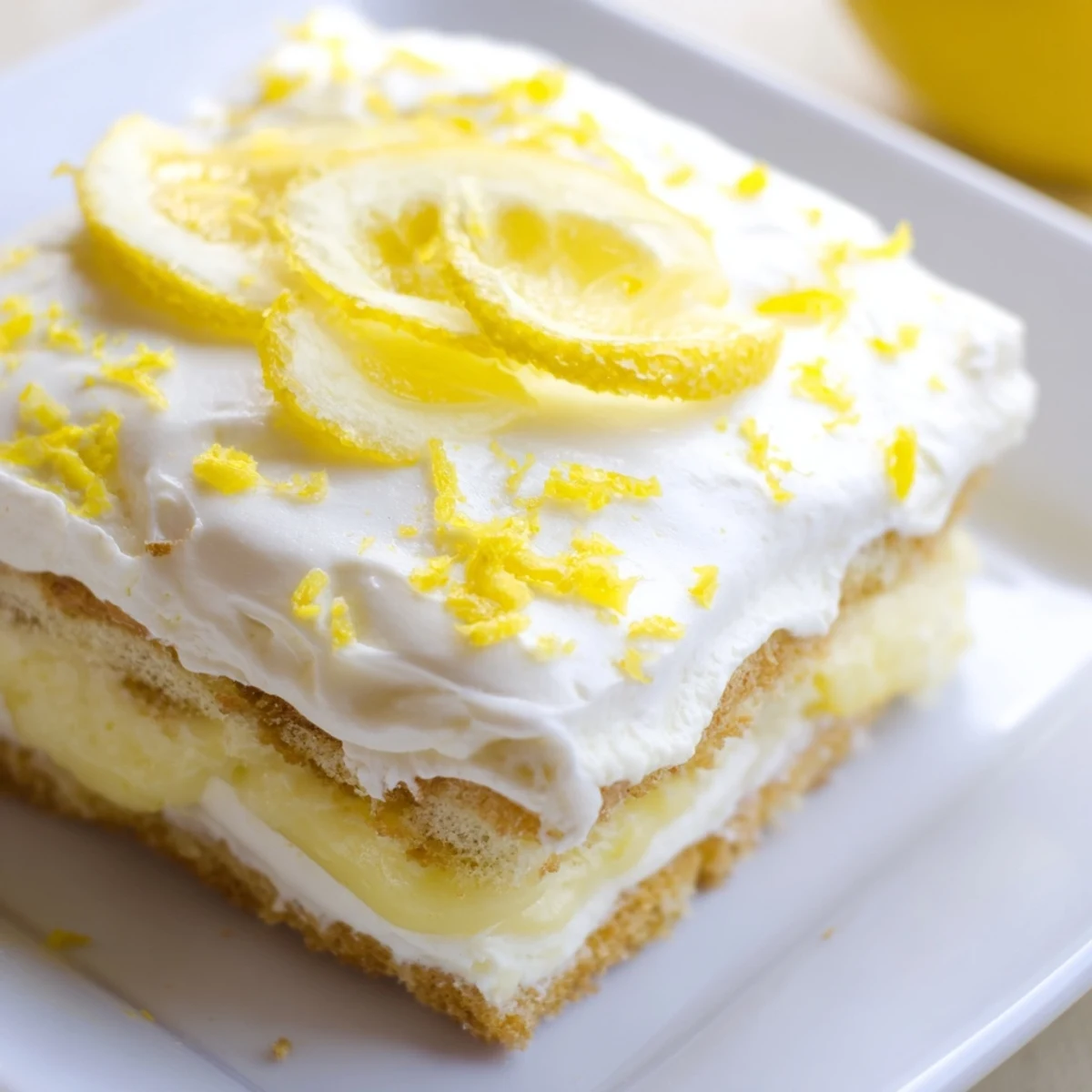 Easy Lemon Tiramisu No Bake Dessert served chilled with fresh lemon slices and zest.