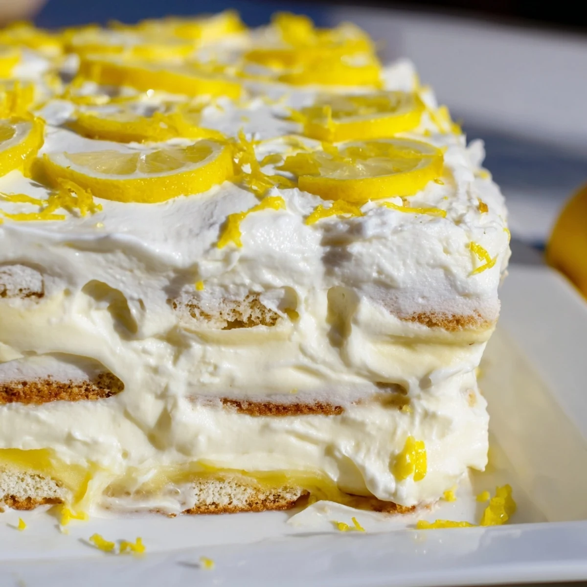 Creamy Easy Lemon Tiramisu No Bake Dessert with zesty lemon syrup and ladyfinger layers.