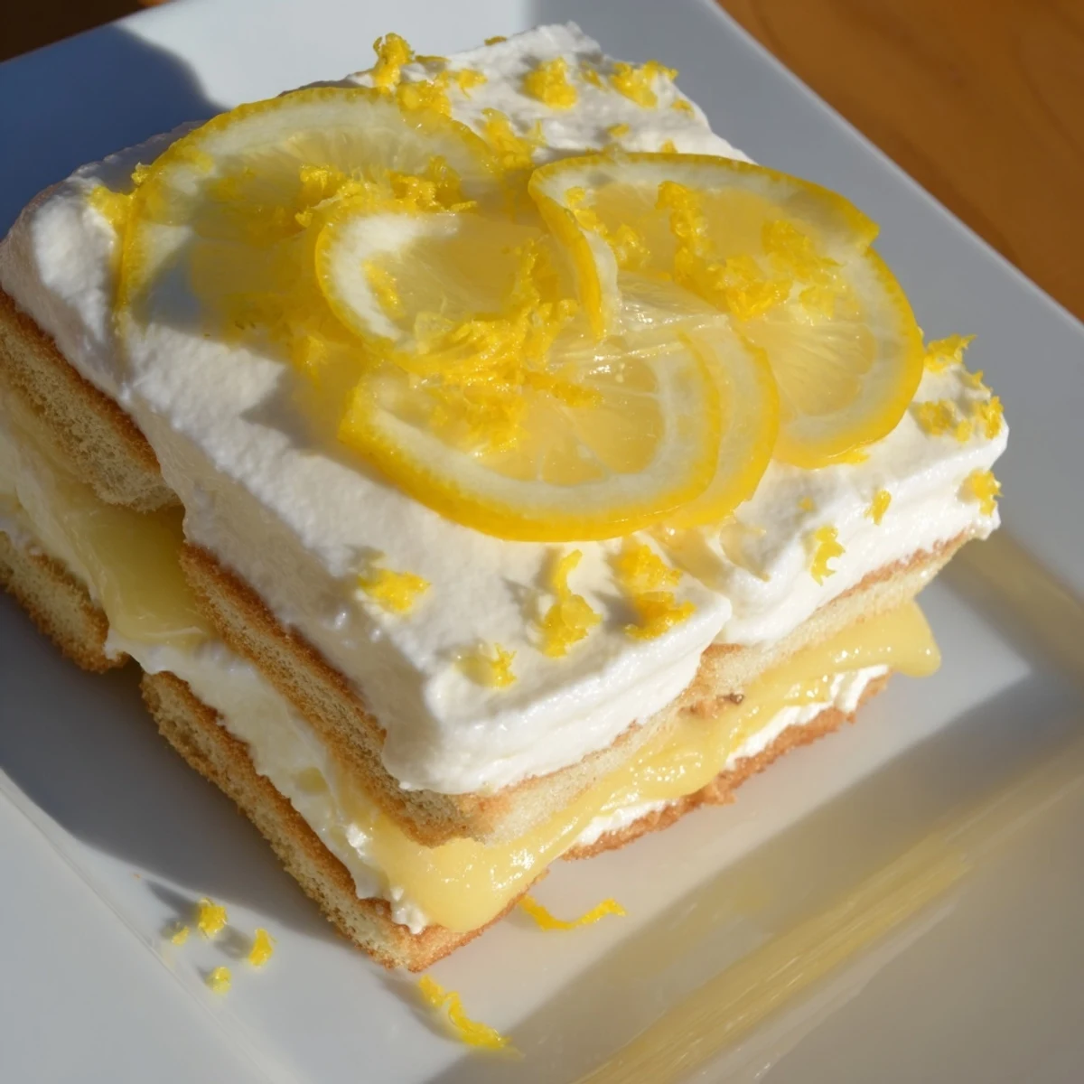 A close-up of Easy Lemon Tiramisu No Bake Dessert with fluffy mascarpone cream and citrus.