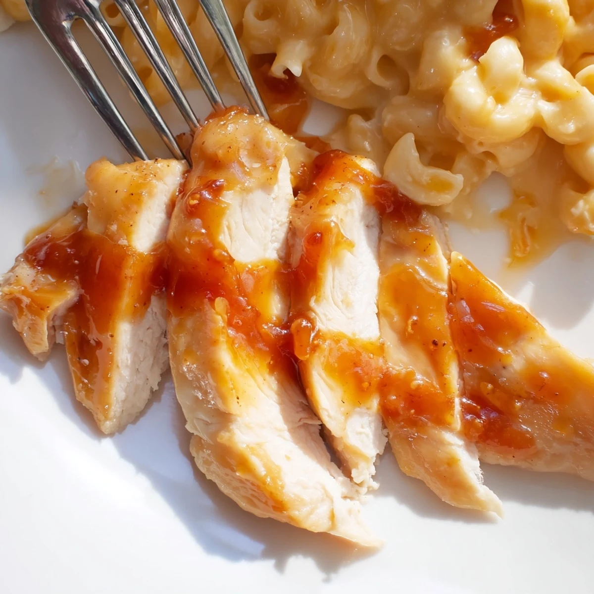 Golden-brown honey pepper chicken breast glazed in a sticky, sweet-spicy sauce, served over a scoop of creamy cheddar mac and cheese.