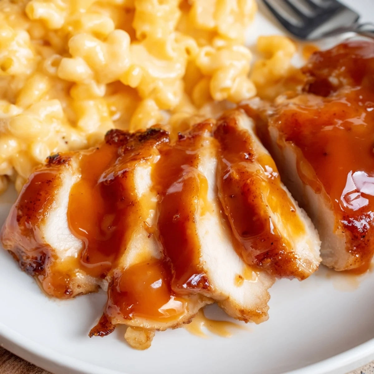 Luscious, tender chicken coated in a dark honey pepper glaze, resting beside a bowl of ultra-smooth homemade mac and cheese with melted mozzarella.