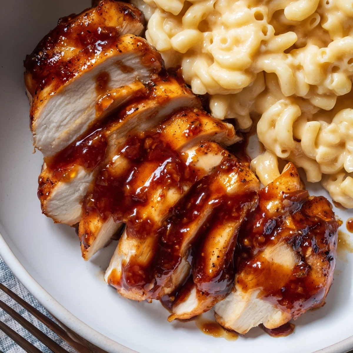 A hearty American comfort dinner featuring juicy pan-seared chicken with a honey pepper sauce drizzled over rich, creamy mac and cheese on a white plate.