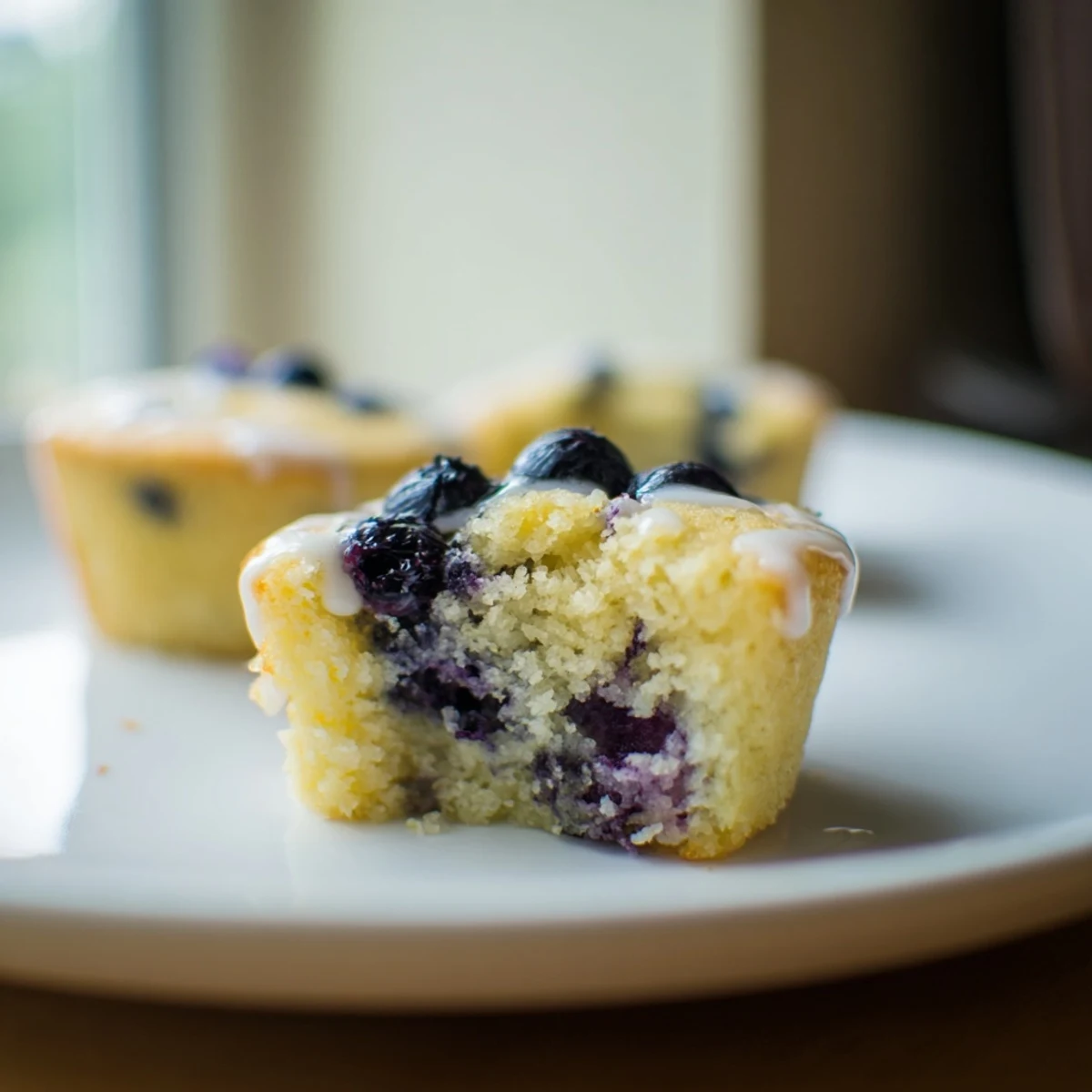 Delicate Lavender Blueberry Tea Cakes served on a ceramic plate beside a steaming cup of tea.