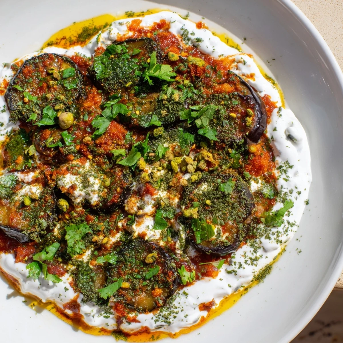 A hearty scoop of Afghan Borani Banjan served with fluffy basmati rice.