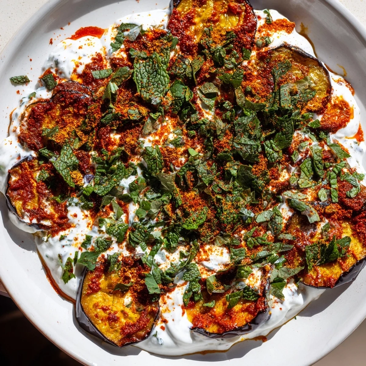 Garnished with fresh mint and cilantro, this Borani Banjan is ready to serve.