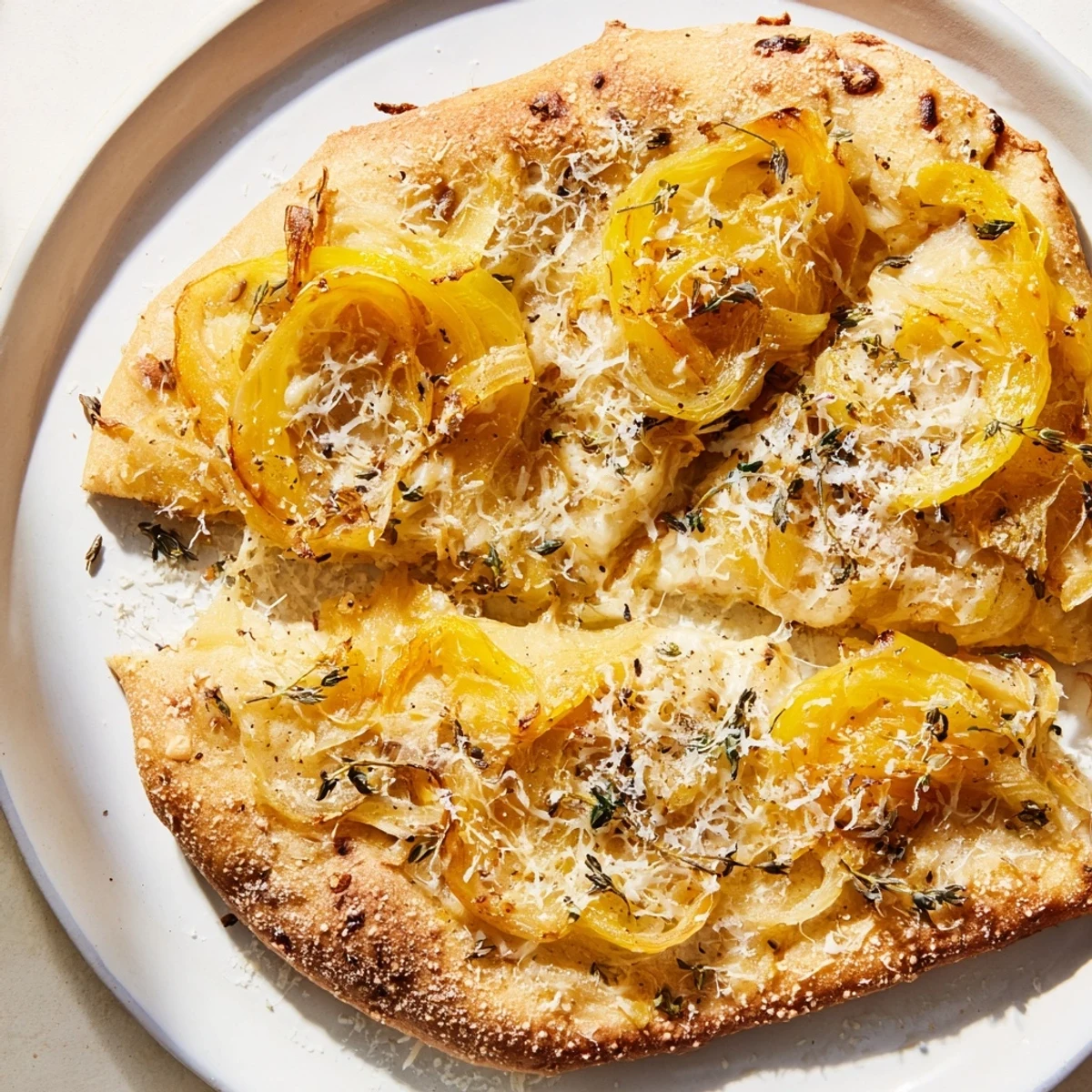 A close-up of golden-brown Caramelized Onion Pizza With Melty Cheese, with onions glistening and cheese bubbling. 