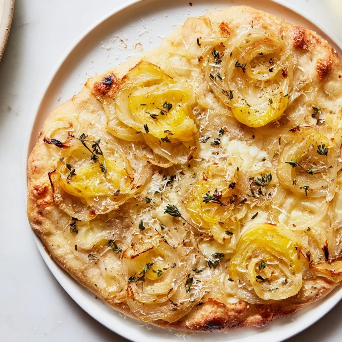 Fresh arugula garnish tops a slice of Caramelized Onion Pizza With Melty Cheese on a rustic wooden board. 