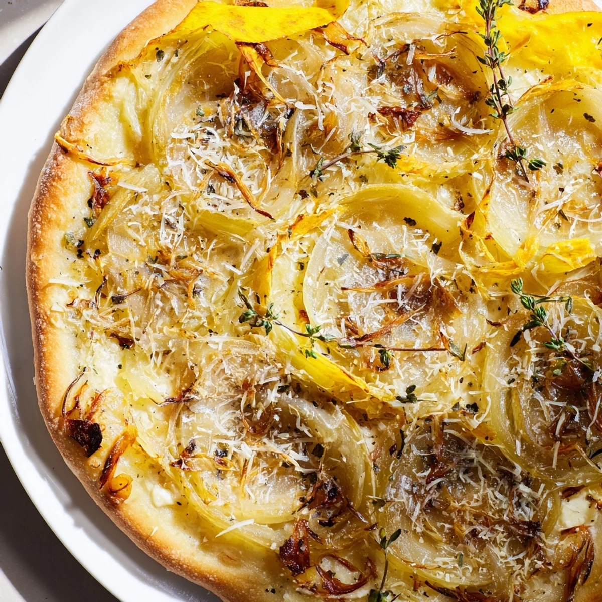 A golden, crispy crust holds sweet caramelized onions and gooey Caramelized Onion Pizza With Melty Cheese in this photo.