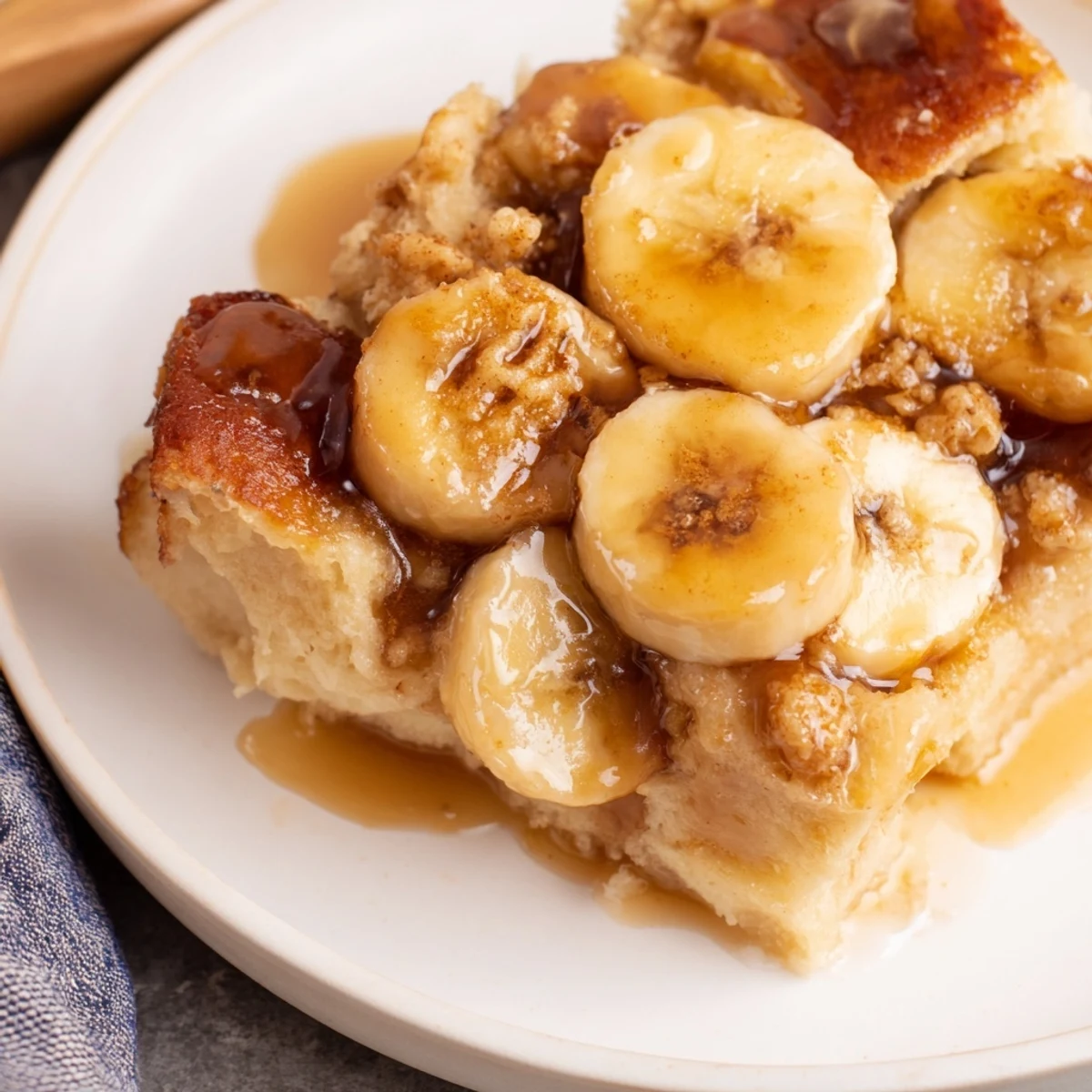 Freshly baked Creamy Bananas Foster Bread Pudding features golden custard-soaked brioche and caramelized bananas. 