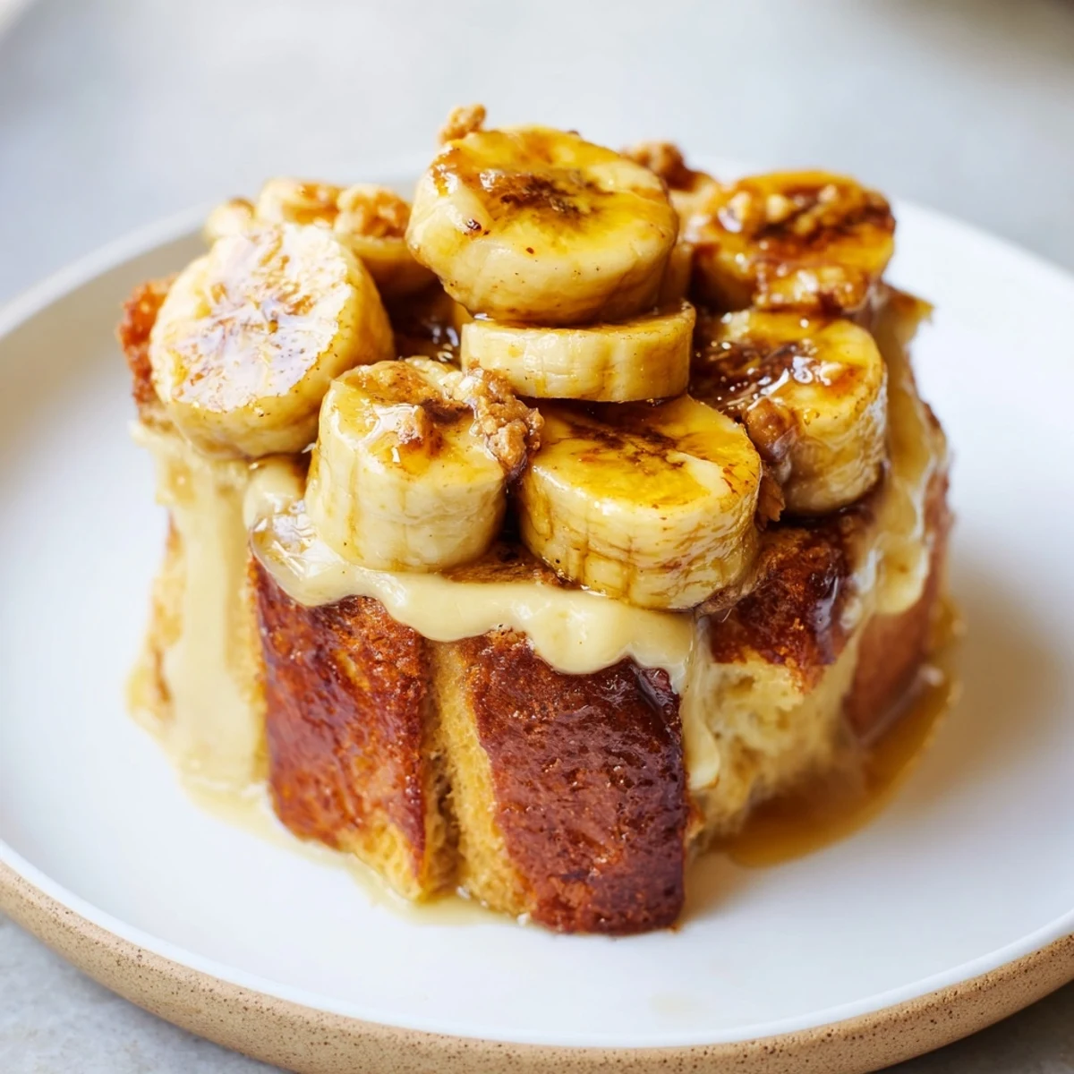 Slice of warm Creamy Bananas Foster Bread Pudding drizzled with rich rum-butter sauce. 