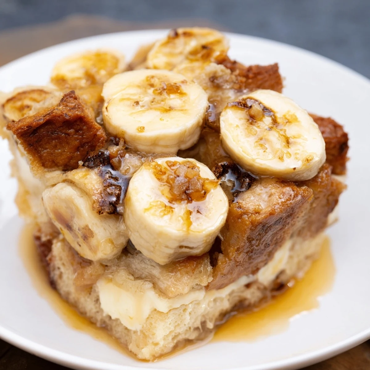 Comforting Creamy Bananas Foster Bread Pudding served with vanilla ice cream melting on top.