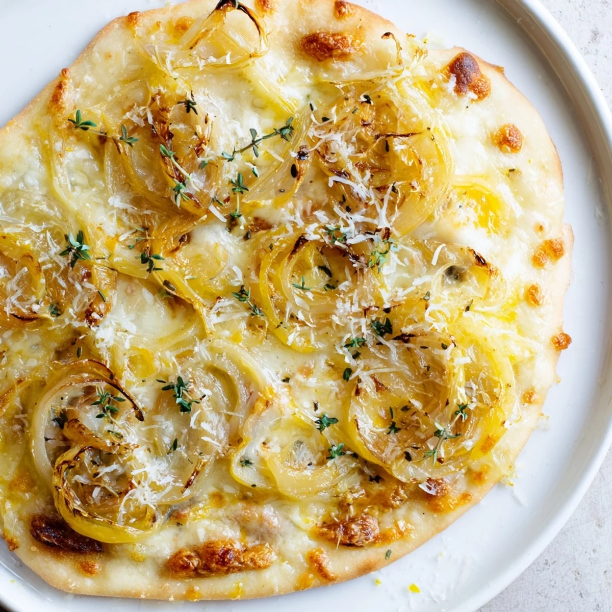 Close-up of Caramelized Onion Pizza with Melty Cheese, showing gooey mozzarella and fontina stretch over a crispy golden crust.