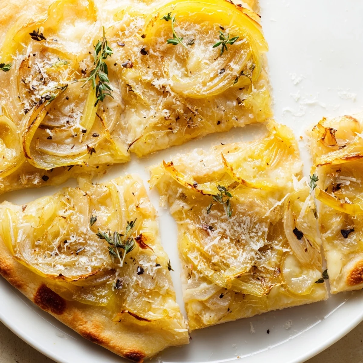 Sliced wedge of Caramelized Onion Pizza with Melty Cheese on a white plate with a glass of red wine, cozy dinner idea.
