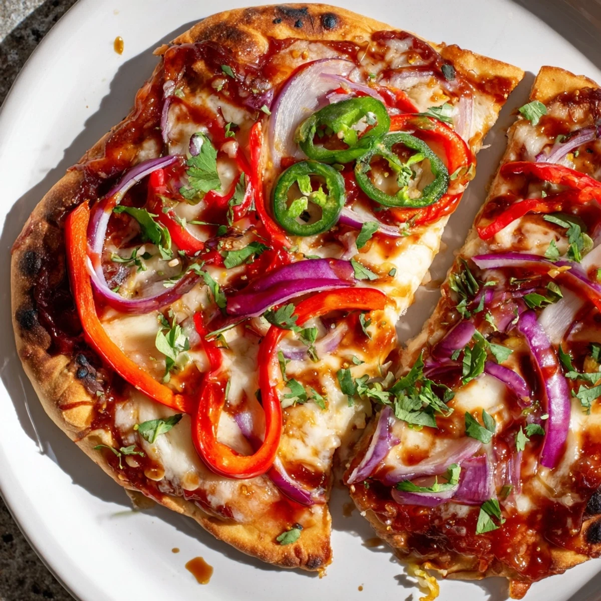 Crispy golden flatbread pizza loaded with melted mozzarella, sliced red onion, and spicy jalapeños, finished with a drizzle of sweet honey garlic sauce.