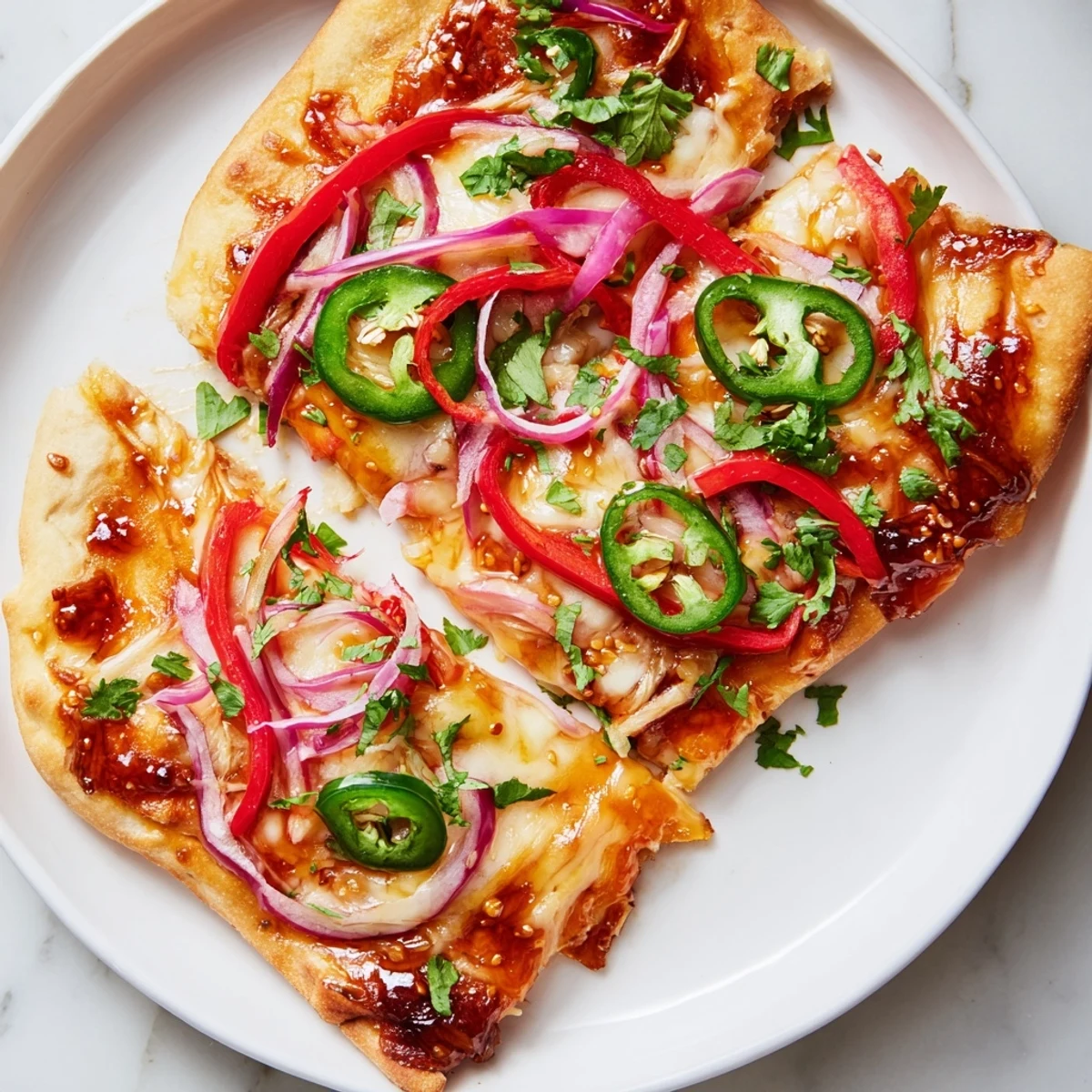 Fresh cilantro and vibrant red bell pepper top this sweet heat honey garlic flatbread pizza, baked to bubbly perfection on a parchment-lined sheet.