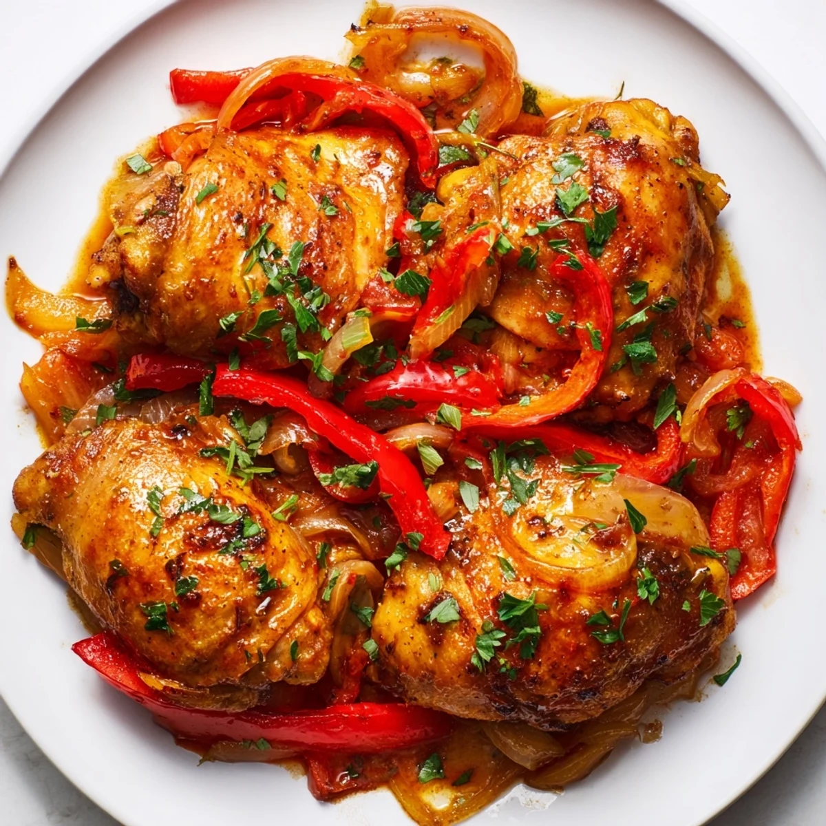Golden-brown seared chicken thighs with red and green peppers in a glossy Catalina sauce, perfect for a comforting dinner.