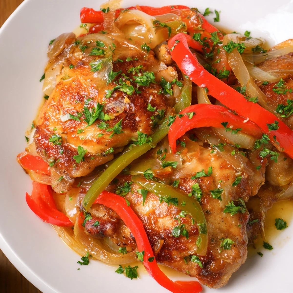A close-up of Braised Catalina Chicken with tender meat, vibrant vegetables, and a rich, tangy-sweet glaze.