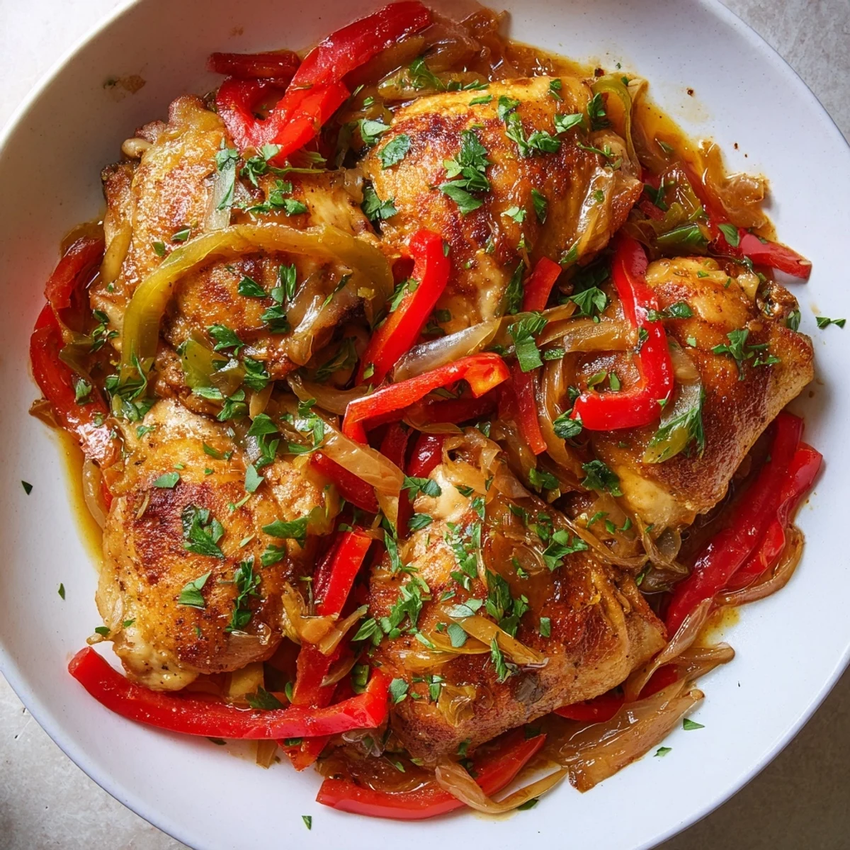 Savory Braised Catalina Chicken topped with fresh parsley and caramelized onions, served hot alongside fluffy white rice.