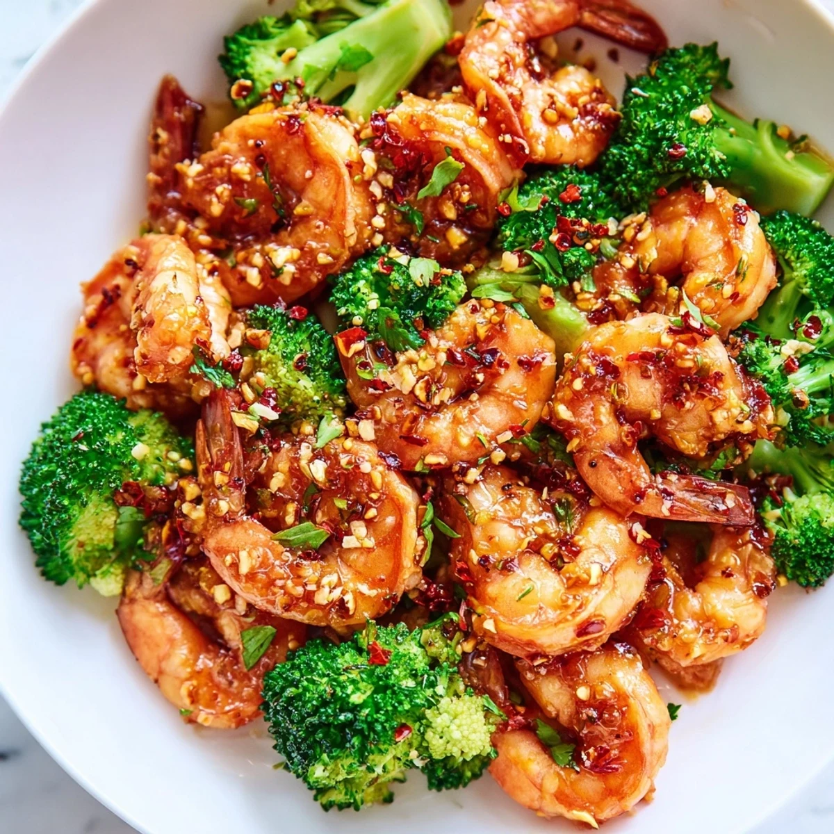 Juicy Honey Garlic Butter Shrimp & Broccoli glistening in a glossy sauce alongside bright green florets.
