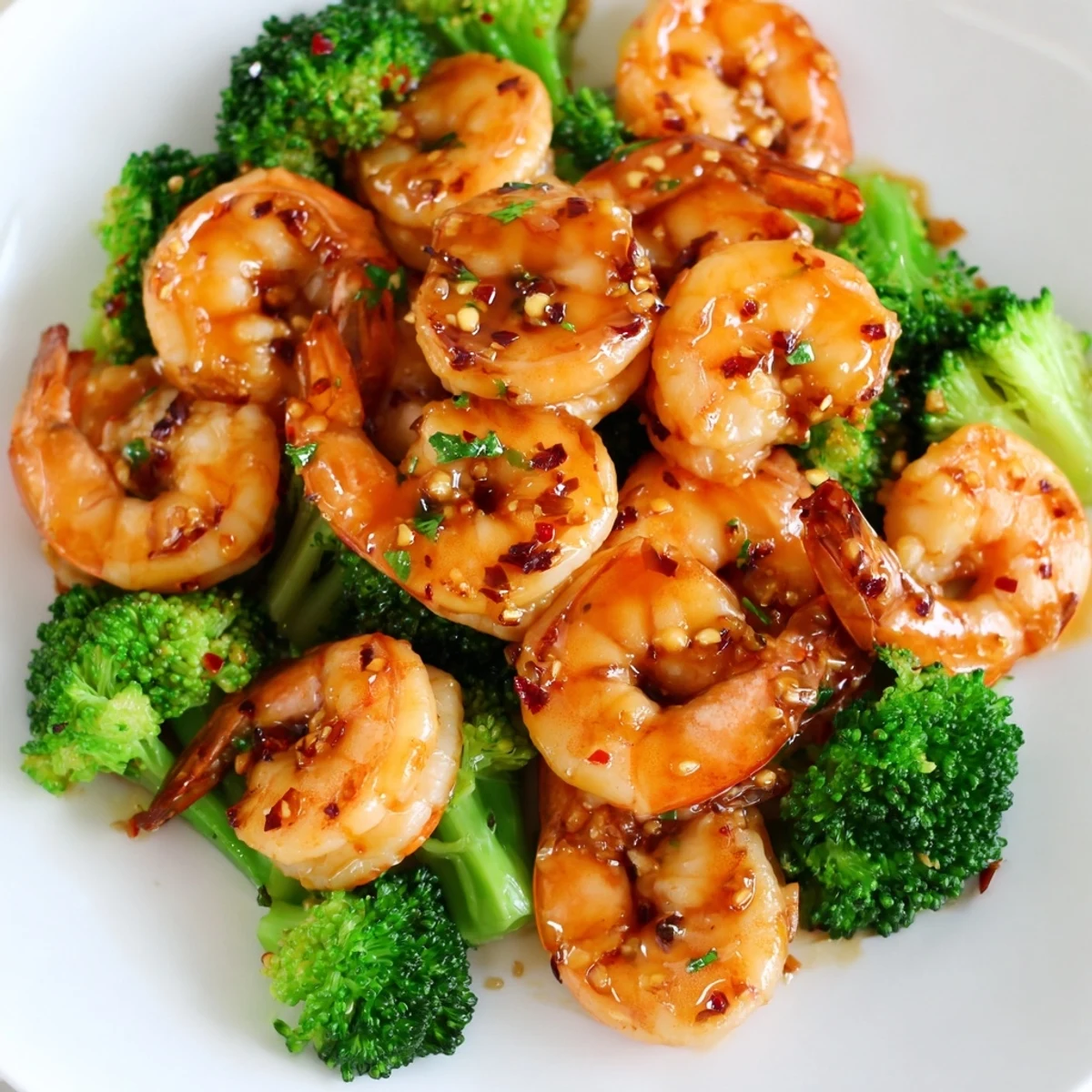 Sizzling Honey Garlic Butter Shrimp & Broccoli tossed in a buttery glaze, garnished with fresh parsley.