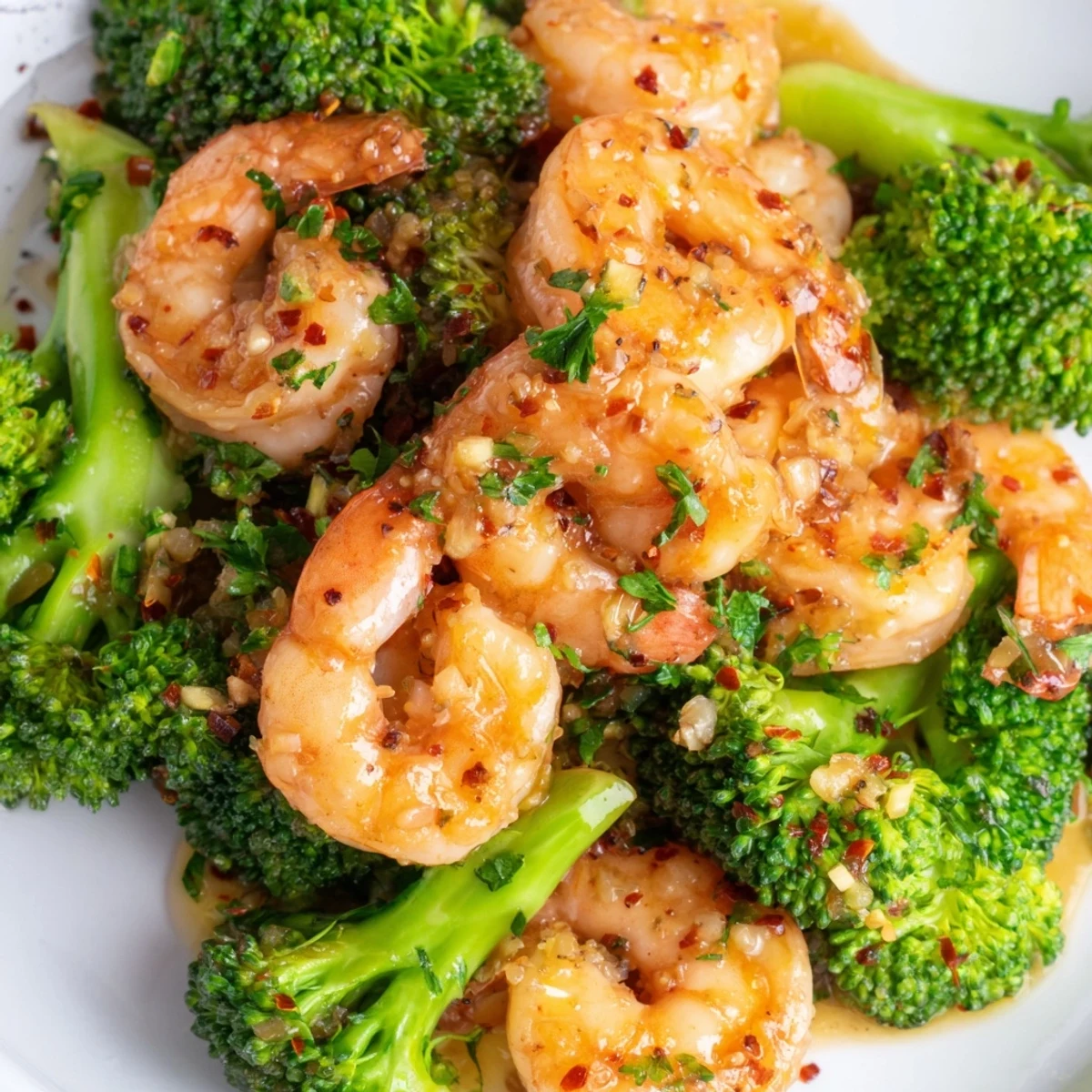Tender Honey Garlic Butter Shrimp & Broccoli served hot over fluffy white rice with lemon.
