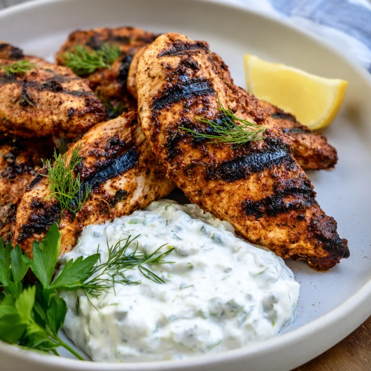 Golden-brown Delicious Greek Chicken Tenders arranged on a platter with lemon wedges and fresh dill.