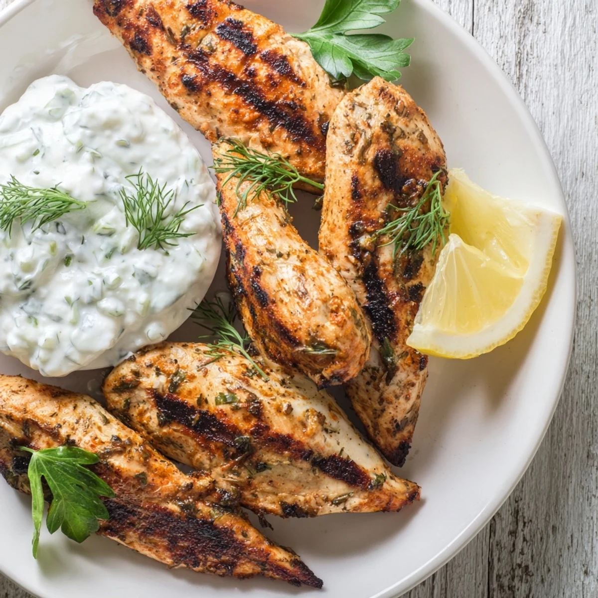 Juicy Delicious Greek Chicken Tenders hot off the grill, garnished with parsley and ready to serve.