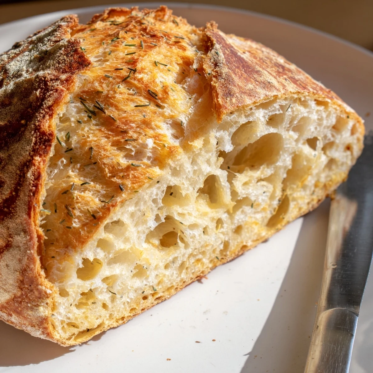Golden-brown No Knead Dill Gouda Artisan Bread with a crisp crust and soft, cheesy interior.
